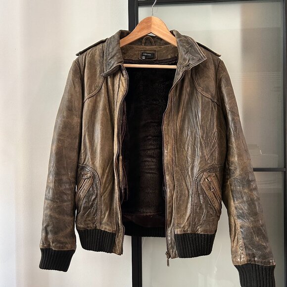 Zara Leather Bomber Jacket Olive-Brown, Medium - Picture 1 of 3